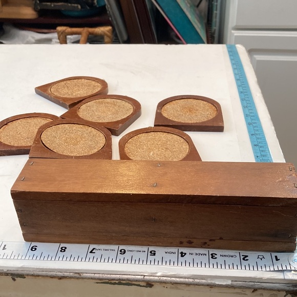 6 Wood Coasters Wood And Cork with Folk Art Coasters Box VTG - Picture 10 of 13